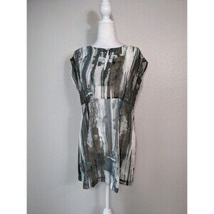 CABI Painted Sheer‎ Tunic Short Sleeve Blouse Blue Gray Brown Sz M Women's N30